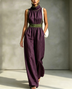 Linen Blend Sleeveless Turtleneck Wide Leg  Jumpsuit