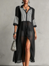 Black Sheer Chiffon Long Shirt Dress,Black‑White Stripe Patchwork 3/4 Sleeve Button Down Cover‑up Midi Dress