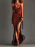 Spaghetti-Strap Ultra-High Slit Panel Detail Ruffled Mermaid Dress