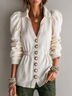 Linen Blend Puff Sleeve Shirt Collar V Neck Elastic Waist Button Down Blouse