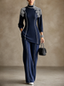 Navy White Embroidered Contrast Piping Two Piece Pant Set