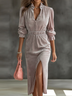 Straight-Cut Lettuce-Edge Stand Collar Puff Sleeves Midi Dress