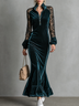 Half Zip Velvet Mermaid Lace Long Sleeves Maxi Dress