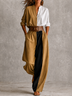 Women Two‑Piece Color Block Outfit, Stand Collar Button Shirt & High Waist Wide Leg Pants Set