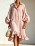 Women Ruffle Collar Linen Blend Lantern Sleeve Asymmetrical Ruffle Hem Casual Vacation Dress