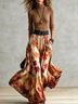 Turtleneck Ribbed Knit Top And Maple Leaf Print High Waist Skirt Set