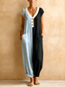 Color Block Linen Jumpsuit V‑Neck Half‑Blue Half‑Black Loose Pockets Harem Jumpsuit