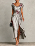 Silver Floral Satin Maxi Dress Wrap Tie‑Waist High Slit Formal Dress