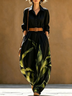 Black Green Tropical Leaf Print Button Front Long Sleeve Jumpsuit