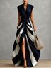 Women Collared Wrap Maxi Dress, Tie Waist Color Block High Slit Flowy Party Maxi Dress