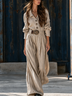 Women Linen Blend Lapel Button Shirt  Down Wide Leg Trousers Two Piece Set