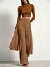 Ribbed Knit Mock Neck Crop Top & Pleated Overlay Wide Leg Pants Two Piece Set