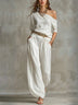 White Casual Off-Shoulder Top and Trousers Set (Includes Belt)