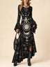Black Celestial Sun Moon Star Print Long Sleeve Maxi Dress